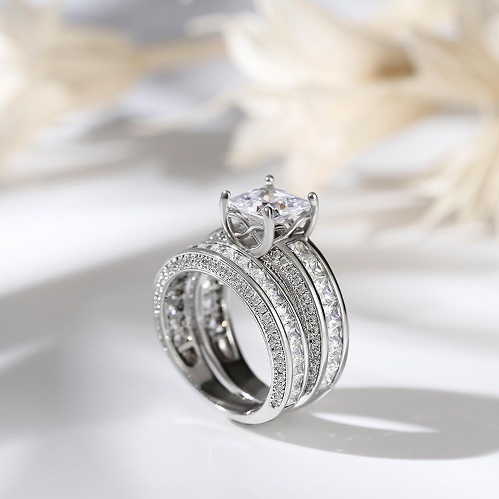 Jeulia Plata de Ley Juego de Anillos para Mujer 4 Puntas Diamantes Anillos Juego Con Corte Princesa Joyas para Novia Anillo de Bodas Compromiso