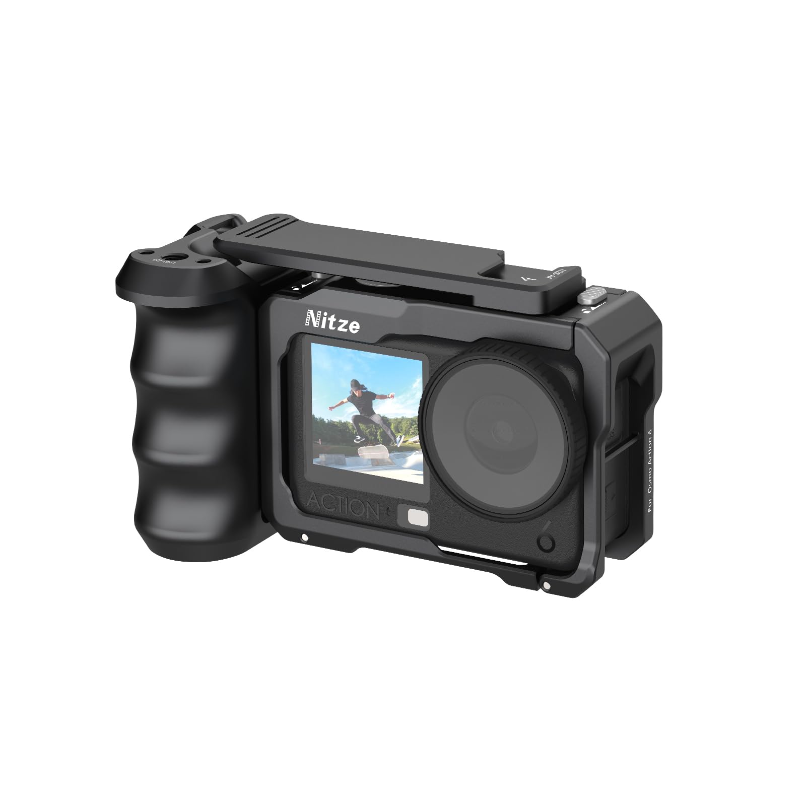 Nitze Käfig-Griffset für DJI Osmo Action 6, Kamera Streetfotografie Griff mit Action 6 Metallkäfig, Seitengriff, Handgelenkband und Cold Shoe-Auslöser für Stativ, Selfie Stick– T-D07B