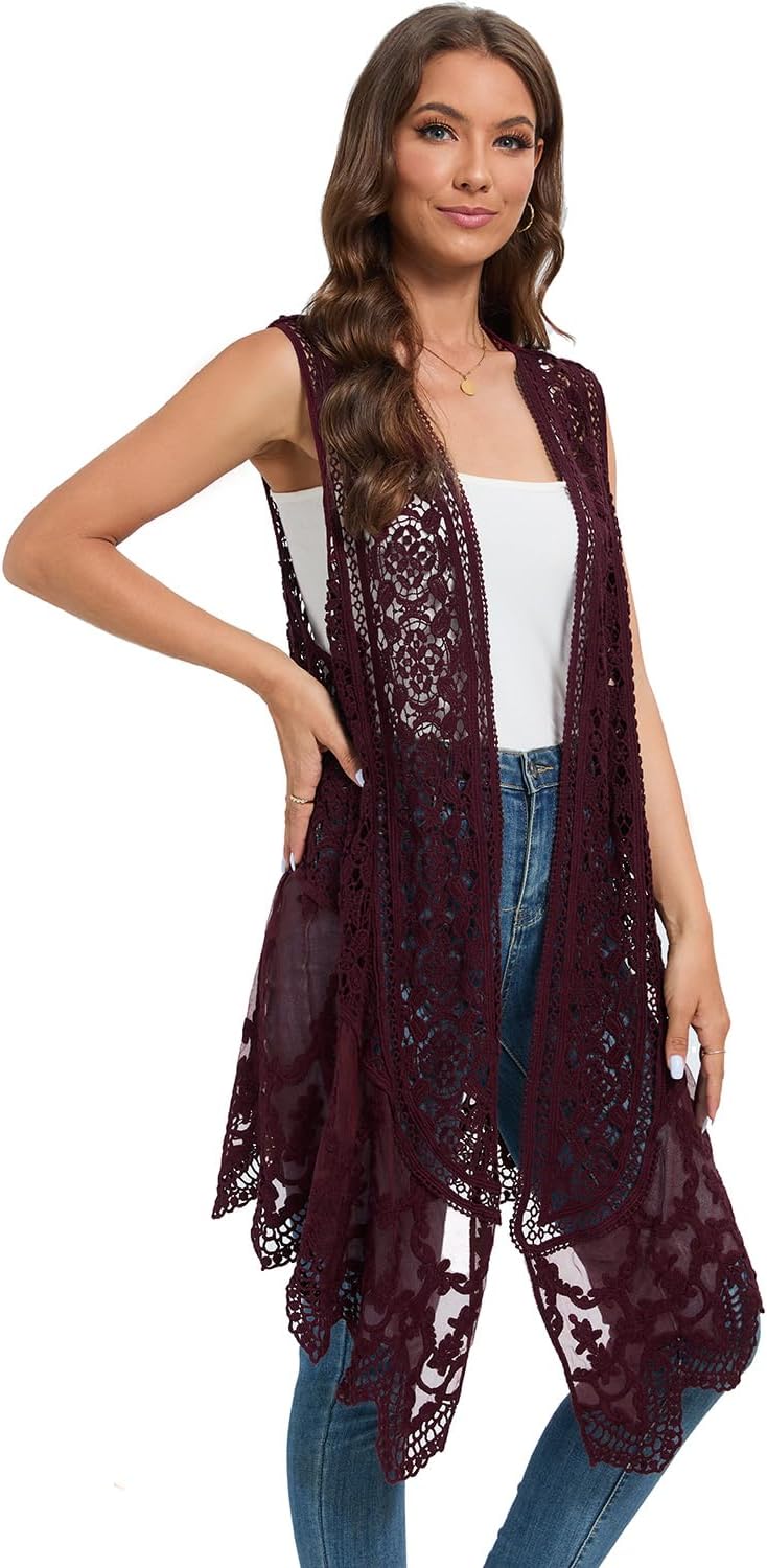 Sheer Cardigan Crochet Sleeveless Cover Up Mesh Patchwork Hippie Vest - Image 3