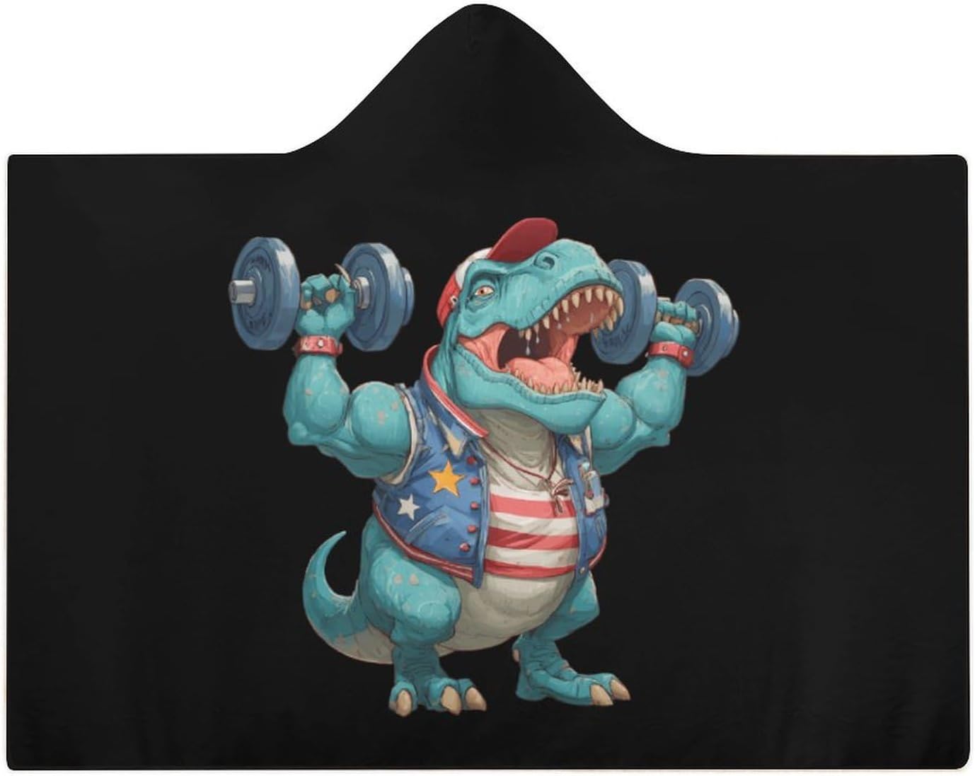 Weight Lifter Barbell Dinosaur Wearable Blanket Oversized Throw Cape | Cozy Hooded Blanket Gifts for Women Men