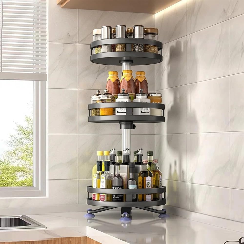 Lazy Susan Étagère à épices rotative à 3 niveaux en acier réglable en hauteur pour garde-manger, armoire, comptoir et rangement de salle de bain