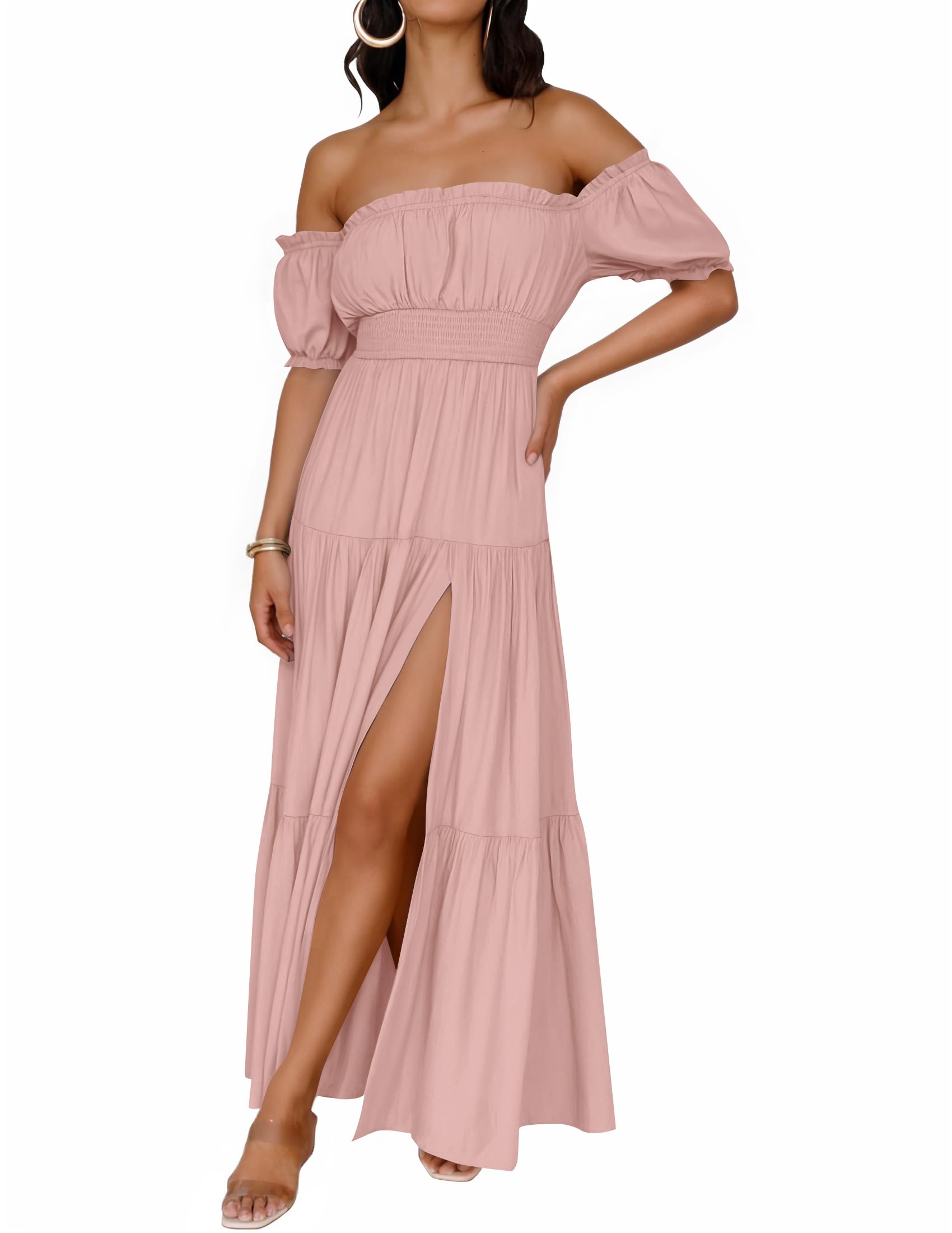 Women's 2026 Boho Sexy Off Shoulder Short Sleeve Smocked Side Split Flowy A Line Tiered Long Maxi Dress with Pockets