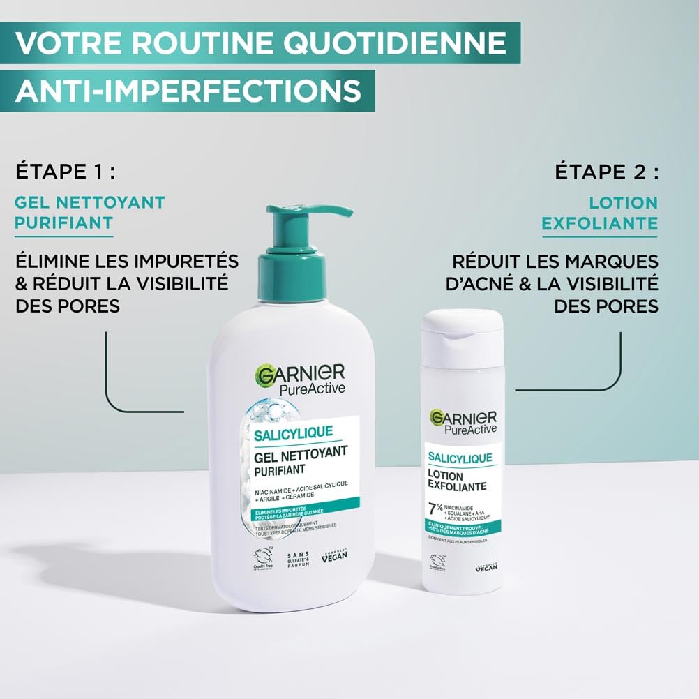 GARNIER Pure Active - Soin Exfoliant Visage - Réduit Les Marques D'acné & Les Pores - Niacinamide, AHA & Acide Salicylique - Formule Liquide Légère - Vegan & Cruelty Free - Unisexe - 120 ml