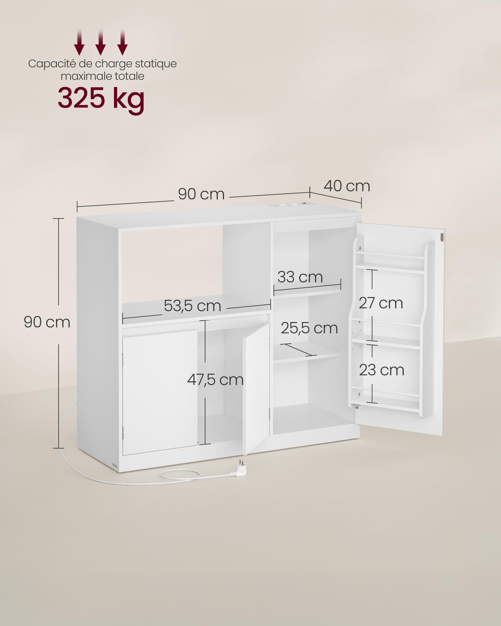 VASAGLE KAILYN Collection - Buffet Cuisine, Meuble de Rangement, Vaisseliers, avec Plan de Travail, Étagère pour Micro-onde, 1 Compartiment Ouvert, 3 Portes, Étagères Réglables, Blanc Nuage BBK373WB01