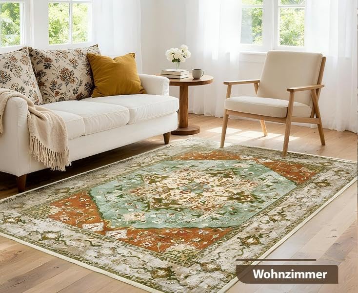 Puremy Vintage Teppich Wohnzimmer, Waschbar Weich Teppiche 160X220CM, Grün – Ansicht 3