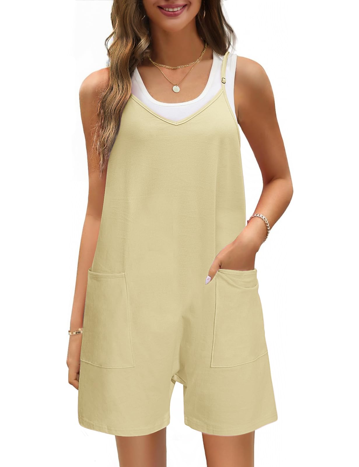 TOMEEK Mono Mujer Verano Casual Mono Corto Mujer sin Mangas Jumpsuit con bolsillo cuello V Playsuit Suelto Mono Peto Color Sólido Monos Pantalón