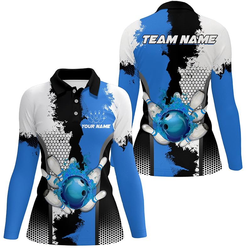 Schwarz-Weißes Bowling Liga Trikot mit Feuerdesign, Personalisiertes Herren & Damen Polo & Viertelreißverschluss Shirt, Geschenk für Bowlerinnen | Blau N7189