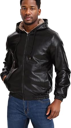 Trendy Mens Casual Warm Windproof Waterproof PU Leather Hooded Jacket for Spring and Autumn Winter
