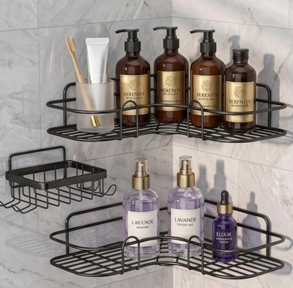 Bathroom Corner Shelf Wall Mounted No Drill Black Shower Caddy Set with Soap Holder Hooks | Rustproof Metal Bathroom Organizer Rack for Shampoo Conditioner Kitchen Storage Shelf (3 Pack)-image-5