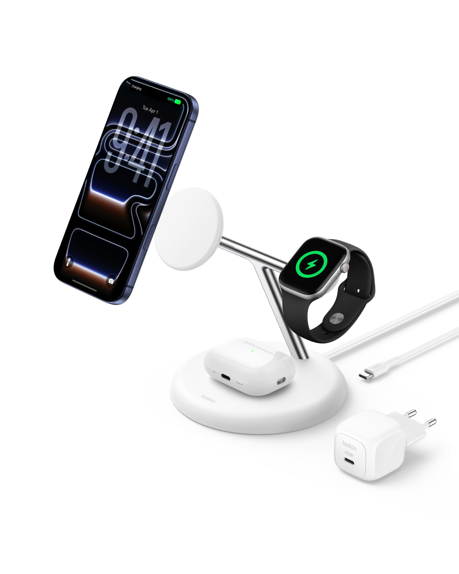 Belkin UltraCharge Caricatore Wireless Qi2.2 25W 3 in 1 - Bianco | Caricatore Wireless Magnetico MagSafe, Certificato Qi2.2 per iPhone, Apple Watch, Auricolari, Cavo USB-C e Alimentatore 45W