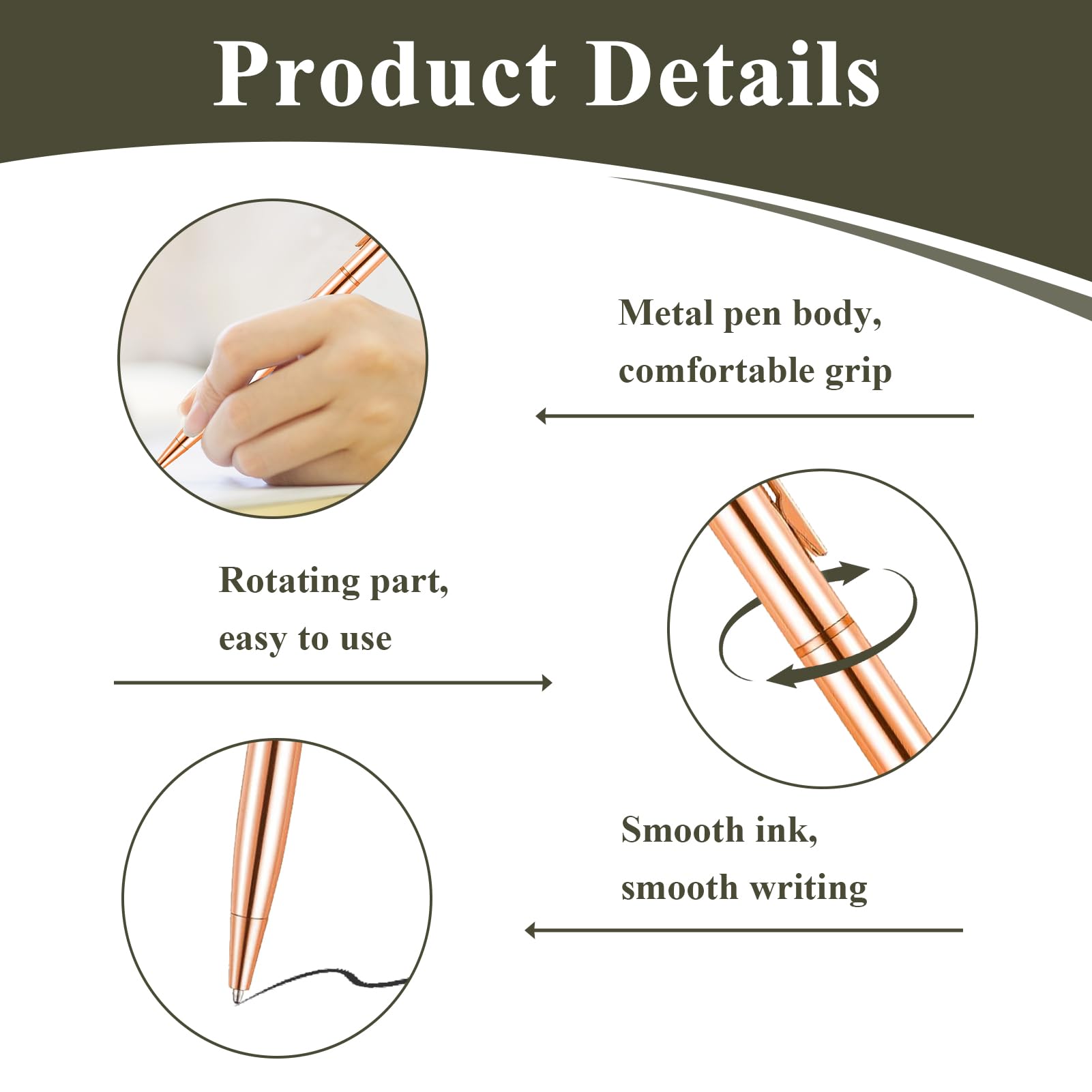 4 Pack Rose Gold Pens, Metal Ballpoint Retractable Metallic Pen Slim Stainless Steel with Black Ink - Image 3