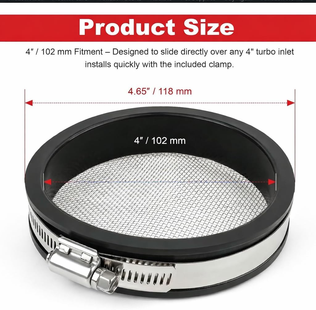 4″ Turbo Inlet Guard – Black Steel Mesh Screen, Universal 4″ / 102 mm Fit – Budget Friendly
