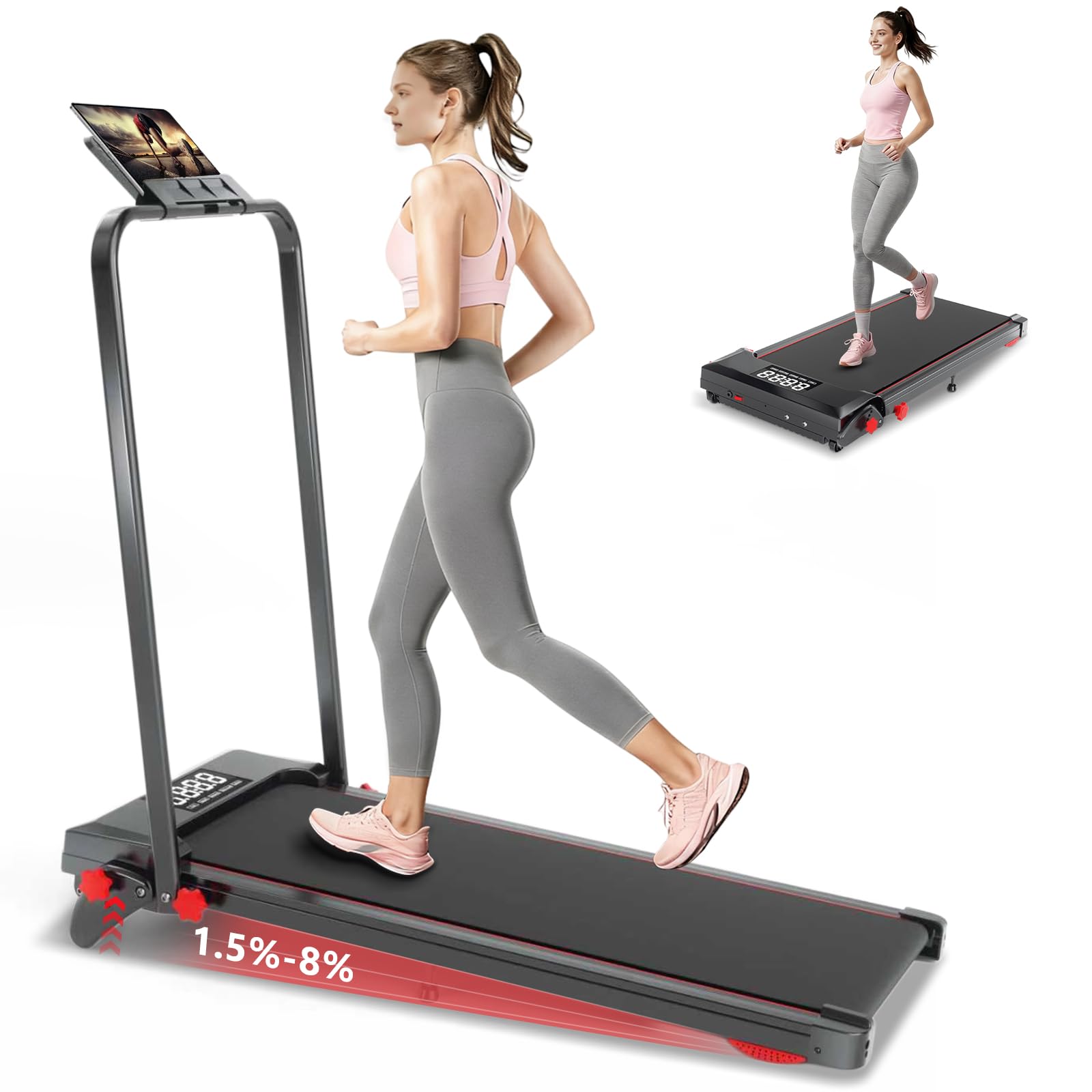 Walking Pad with Handle Bar and Incline, 3 in 1 Under Desk Treadmill with Hiking Mode, 2.5HP Low Noise Walking Treadmill Pad with Remote Control,Portable Treadmills for Home Office, Led Display