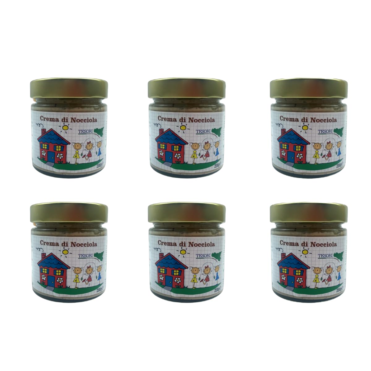 6 Barattoli di Crema Spalmabile alla nocciola con nocciole siciliane, lavorazione artigianale, barattoli da 200 g
