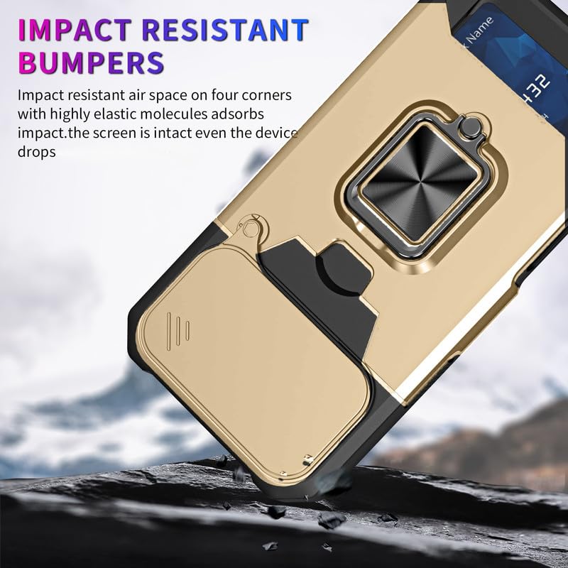 Image of LuxuryKase Shockproof Armor Case for iPhone 17 Pro | Slide Camera Cover | Hidden Card Slot | Rotating Ring Kickstand | Magnetic Car Mount Support | Military Grade Protection - Gold