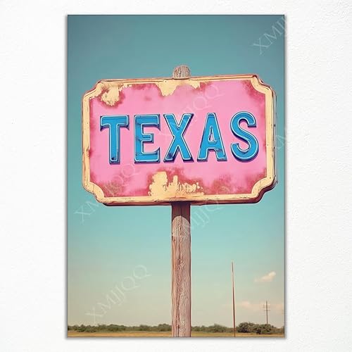XMJJQQ Lienzo decorativo vintage de Texas Sign, póster rústico rosa y azul, impresión retro occidental en lienzo, decoración de pared única con