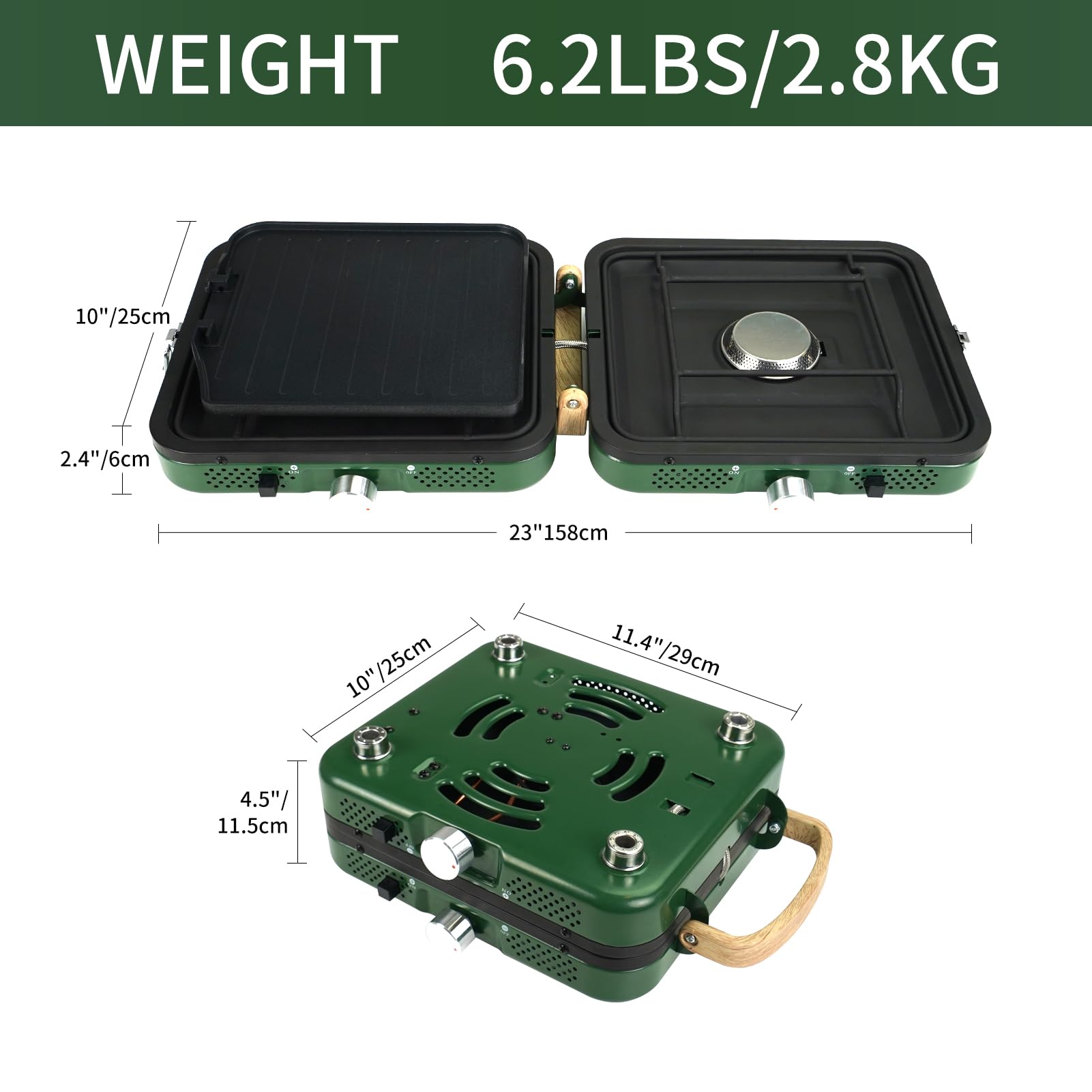 2025 Update Portable 2 Burner Propane Camping Stove with Barbecue Plate - 17200 BTU High Output, Two Adjustable Burners, Easy Carrying Handle & Inlet Gas Pipe (GREEN)