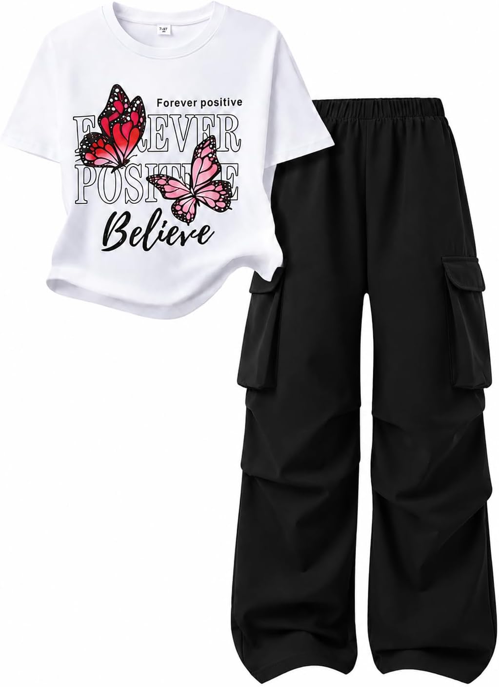 Girls Clothes 2 Piece Cute Butterfly Print Short Sleeve & Cargo Pants Summer Fall Outfit Teen Girls 7-14Y