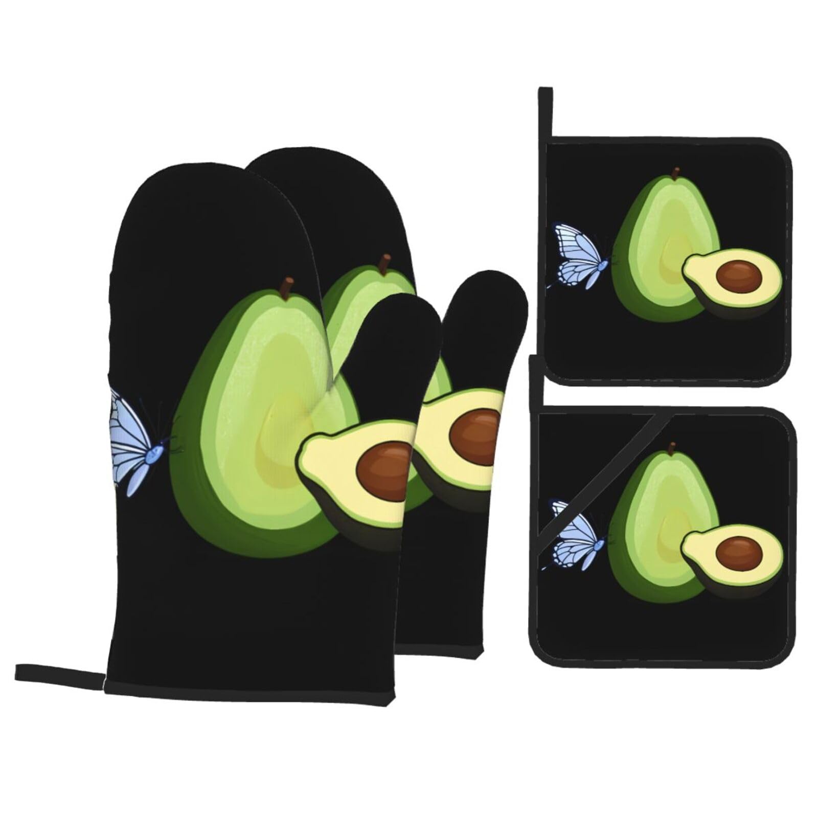 YYHWHJDE Butterfly On Avocado Printed Kitchen Baking Set of 4 Thick Insulated Oven Mitt & Pot Holders, Anti-Scalding for Microwave, Oven, Outdoor BBQ