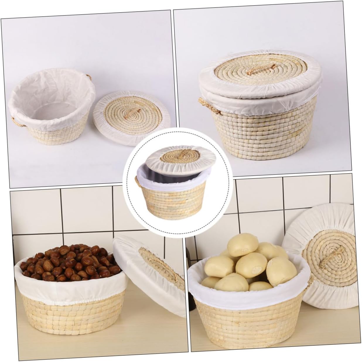Woven Steamed Bun Storage Basket with Lid, 30cm round Natural Straw Bread and Egg Holder, Insulated Kitchen Knit Basket for Home Dining and Picnic Use