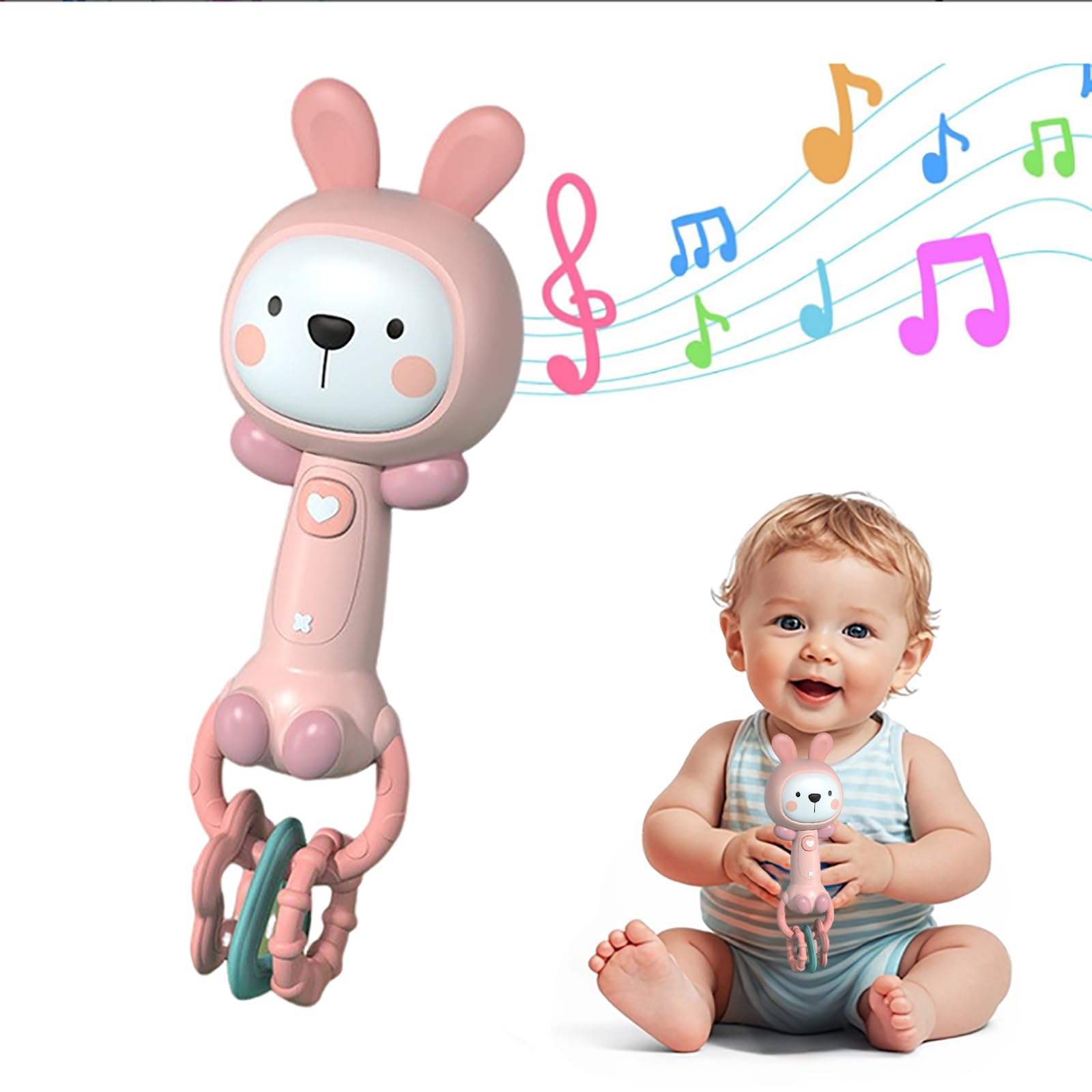Baby Musical Rattles - Baby Teething Toys with Music and Light, for Toddlers Sensory Chew and Fine Motor Skills Toy Baby Toys for 6 Month+ Babies (Rabbit)