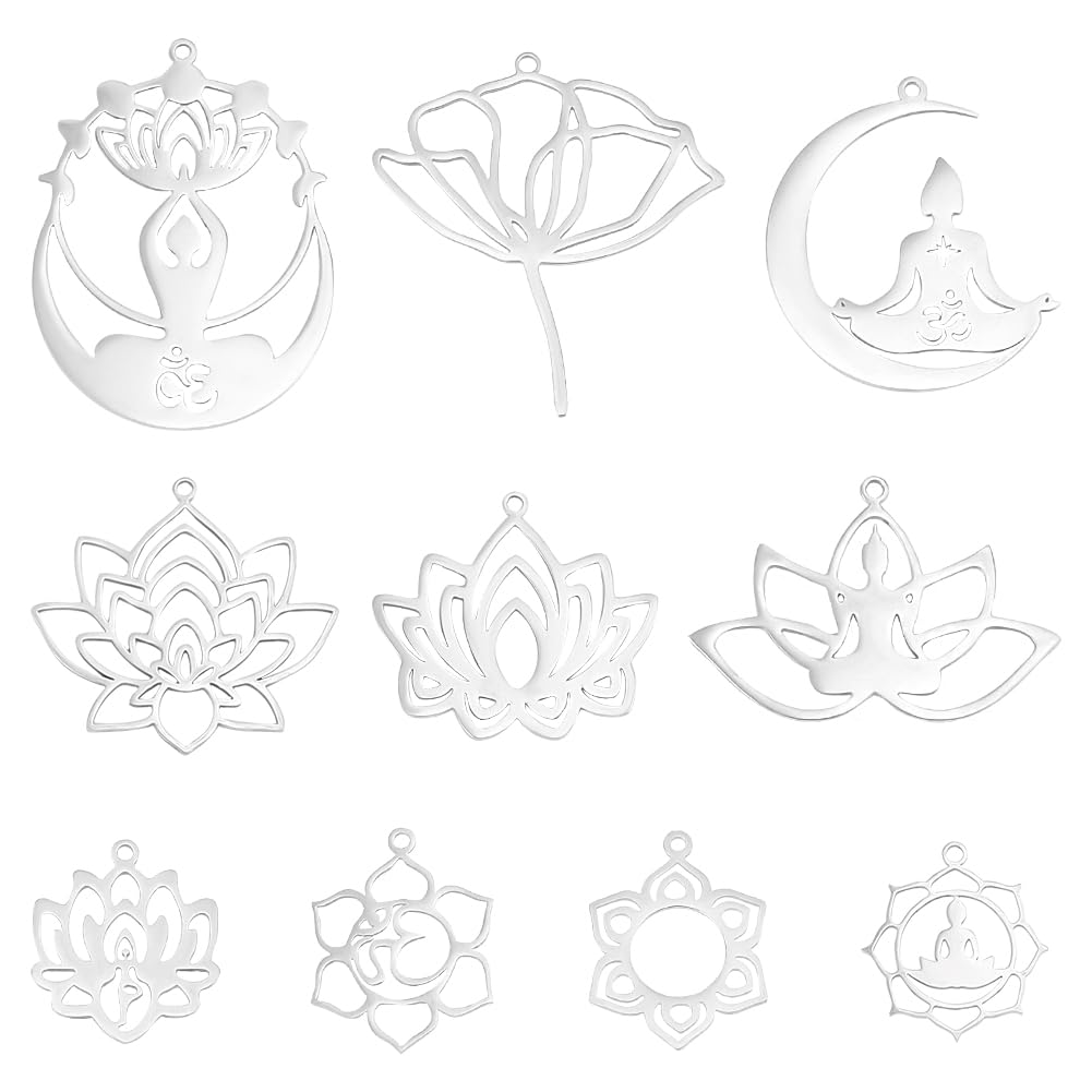 UNICRAFTALE 4 Pieces 4 Style 201 Stainless Steel Lotus Pendant Summer Lotus Charms Golden Moon Yoga Charms 1.5-1.6 mm Hole Flower Dangle Charms Earring Pendant for DIY Jewellery Making