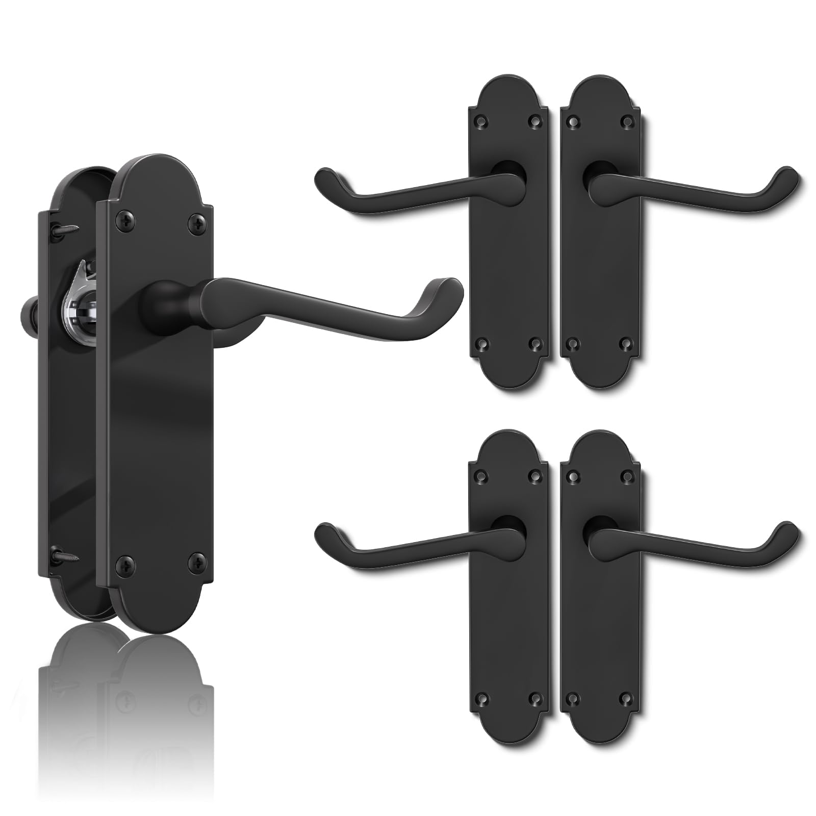 Bwintech 3 juegos de manillas Richmond en placa negro mate, herraje de pestillo, manillas de puerta con placa trasera, adecuadas para puertas de madera