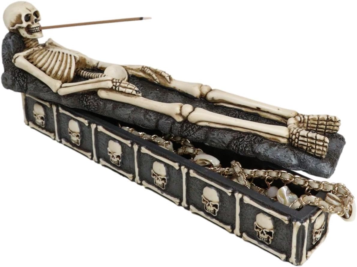 Ebros Gift Ossuary – Esqueleto escalofriante de hueso macabro, descansa en paz, lápida, cementerio, incienso, soporte para quemador y caja de