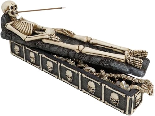 Ebros Gift Ossuary - Esqueleto escalofriante de hueso macabro, descansa en paz, lápida, cementerio, incienso, soporte para quemador y caja de