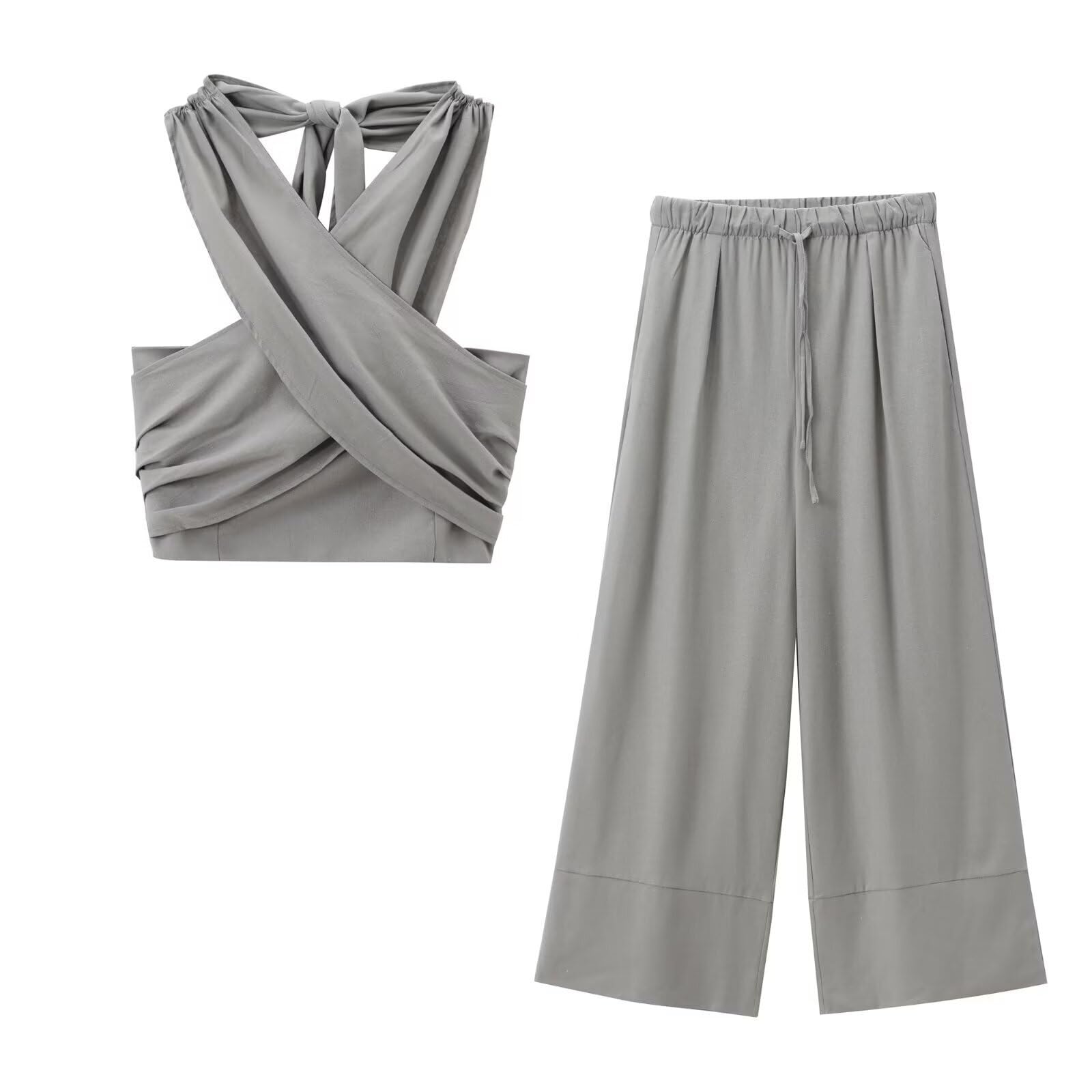 Top con Espalda Cruzada Conjunto de Camisola Cruzada Informal Sexy for Mujer, Conjunto pantalón Playa for Vacaciones Primavera y Verano, Top con Cuello Halter(Gray Set,S)