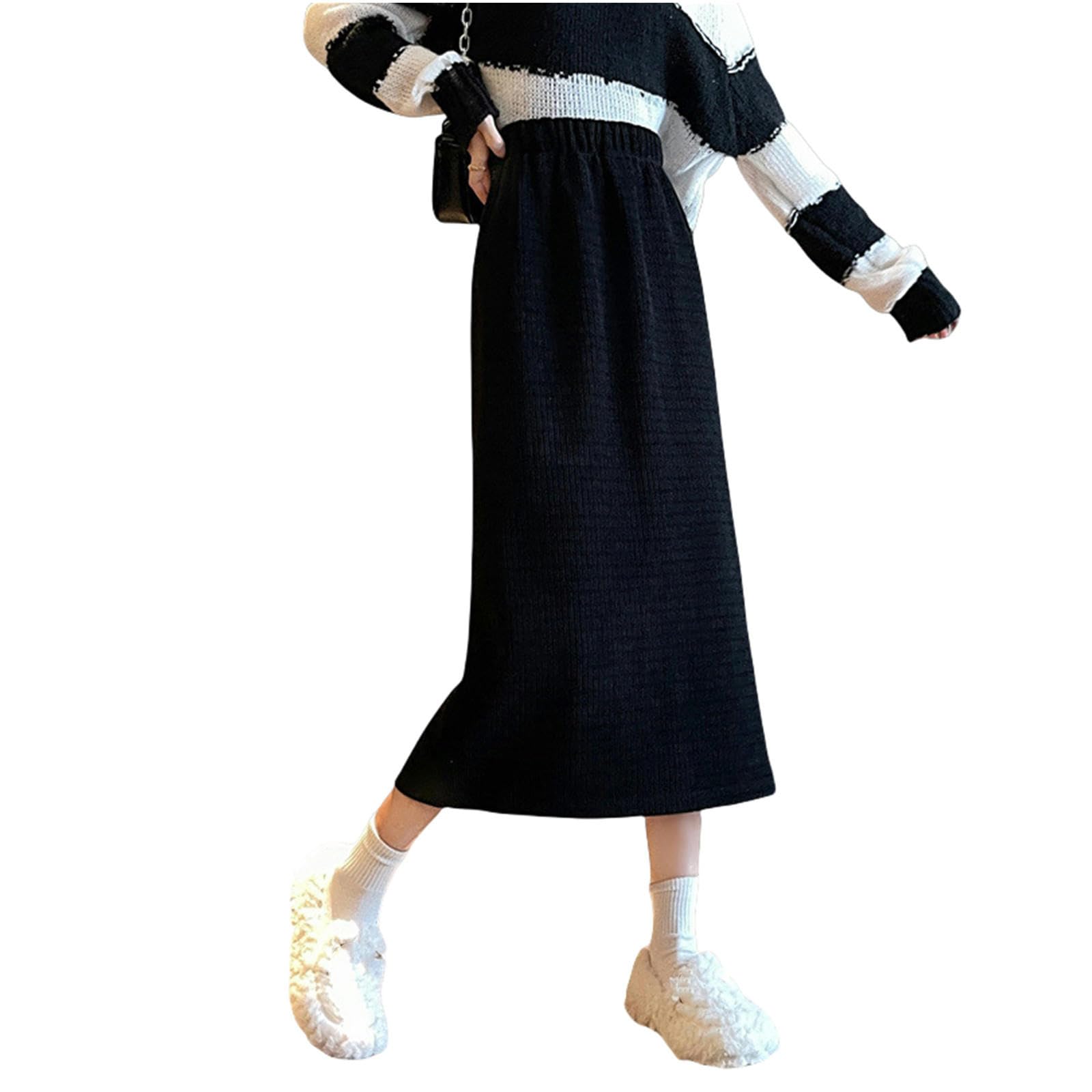 Röcke Cordrock Für Damen Mit Elastischer Taille - Plus Samtverdickter, Mittellanger Freizeitrock Für Herbst Und Winter Mit Schlitz Auf Der Rückseite-schwarz-XL