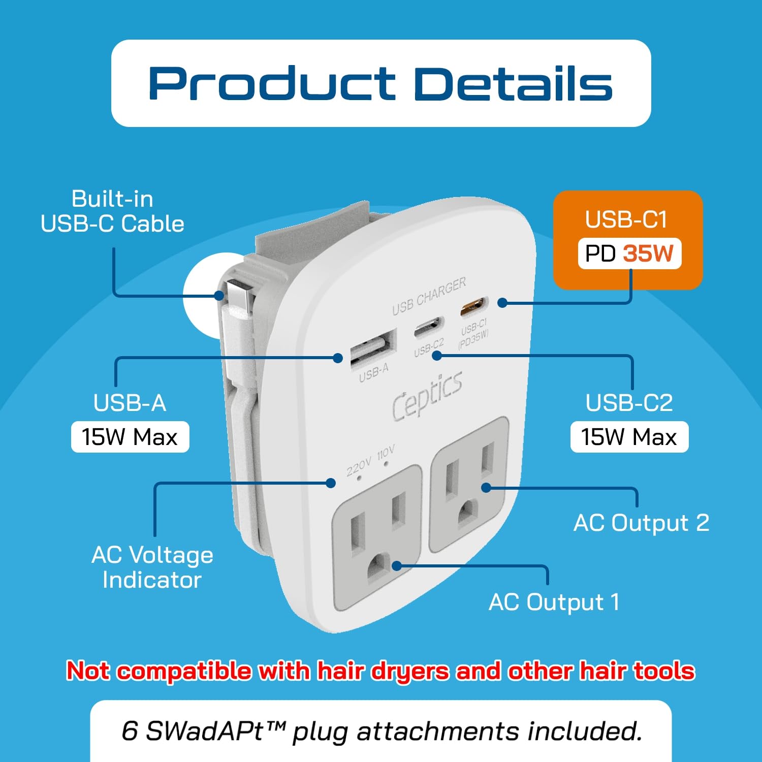 Ceptics World Travel Adapter Kit - QC 3.0 2 USB + 2 prese USA, protezione da sovratensioni, spine per Europa, Regno Unito, Cina, Australia, Giappone, perfetto per laptop, telefoni cellulari,