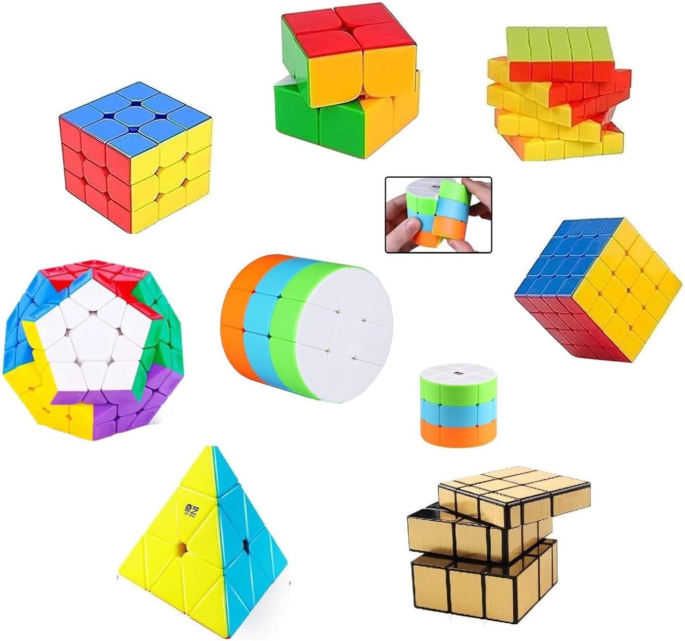 Deal 8 Cubes Pack 2x2, 3x3, 4x4, 5x5, Mirror, Pyramid & 3x3 & Megaminx Different Shaped Puzzle Combo Set Contains Speed-Cube Pack of 8