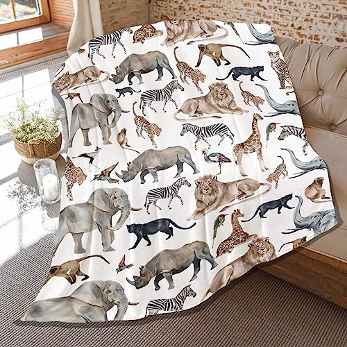 Animal Blanket Gifts for Kids,Woodland Forest Animals Pattern Throws,Soft Plush Elephant Leopard Monkey Lion Hippo Print,Lightweight Quilts for Bed Sofa Decoration 50 x 40in for Children