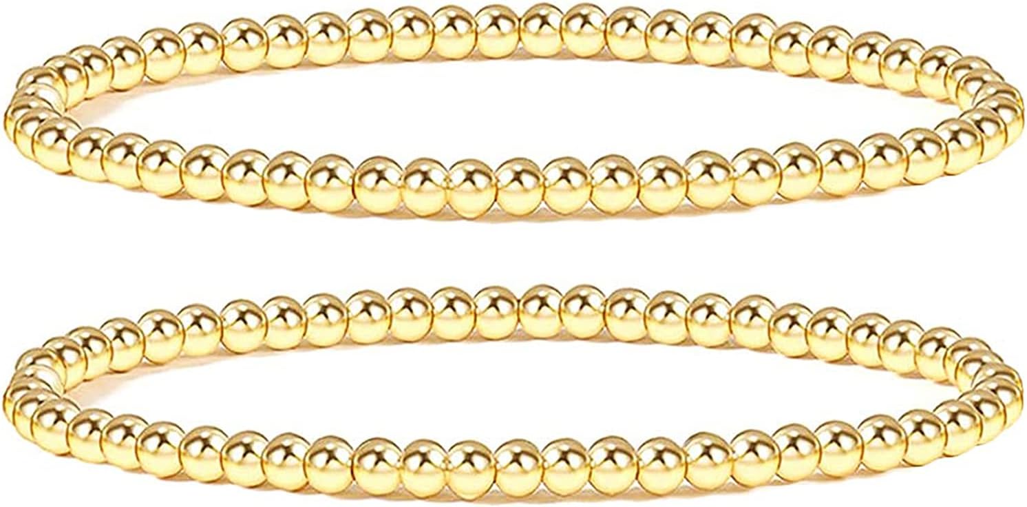 Reoxvo Gold Beaded Bracelets for Women Non Tarnish Stack 14K Gold Plated Stretch Elastic Bead Ball Bracelet Jewelry Set for Women Trendy
