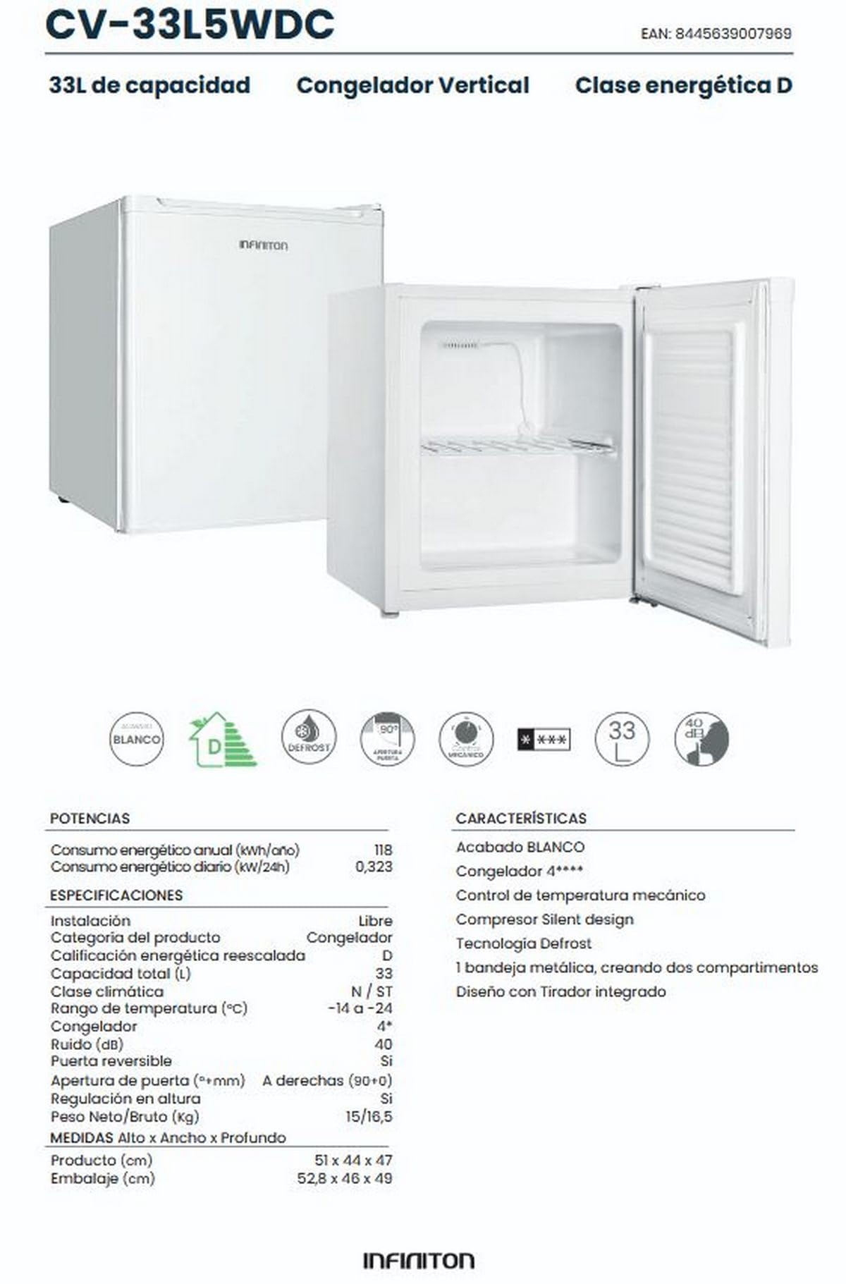 Congelador Vertical Infiniton CV-33L5WDC, 33 Litros, 51 cm de Altura, Ciclico, Puerta Reversible, Clase Energetica D Blanco