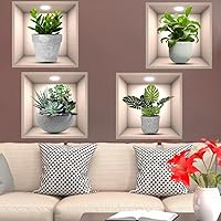 Vista 4 de Paquete de 4 Pegatinas de Pared de Plantas Verdes 3D Calcomanías de Pared de Plantas Botánicas para Dormitorio, Sala de Estar, Cocina