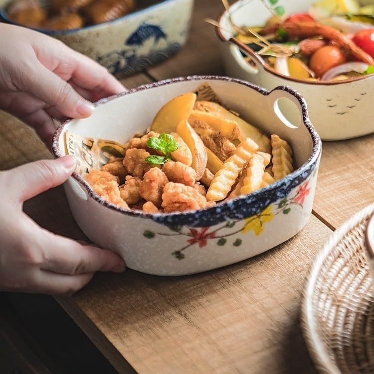 Lasagna Pans 590ML Double Ear Baking Bowl, Household Fried Fruit Salad Oven Baked Rice Tray Ceramic Tableware for Baking Cake