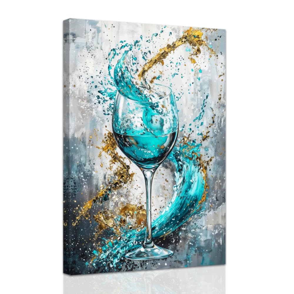 ZXHYWYM Kitchen Wall Art Modern Wine Gray Gold Teal Pictures Canvas Wine Glass Framed Art Prints for Dining Room Bar Office Decor (30 x 45 cms)