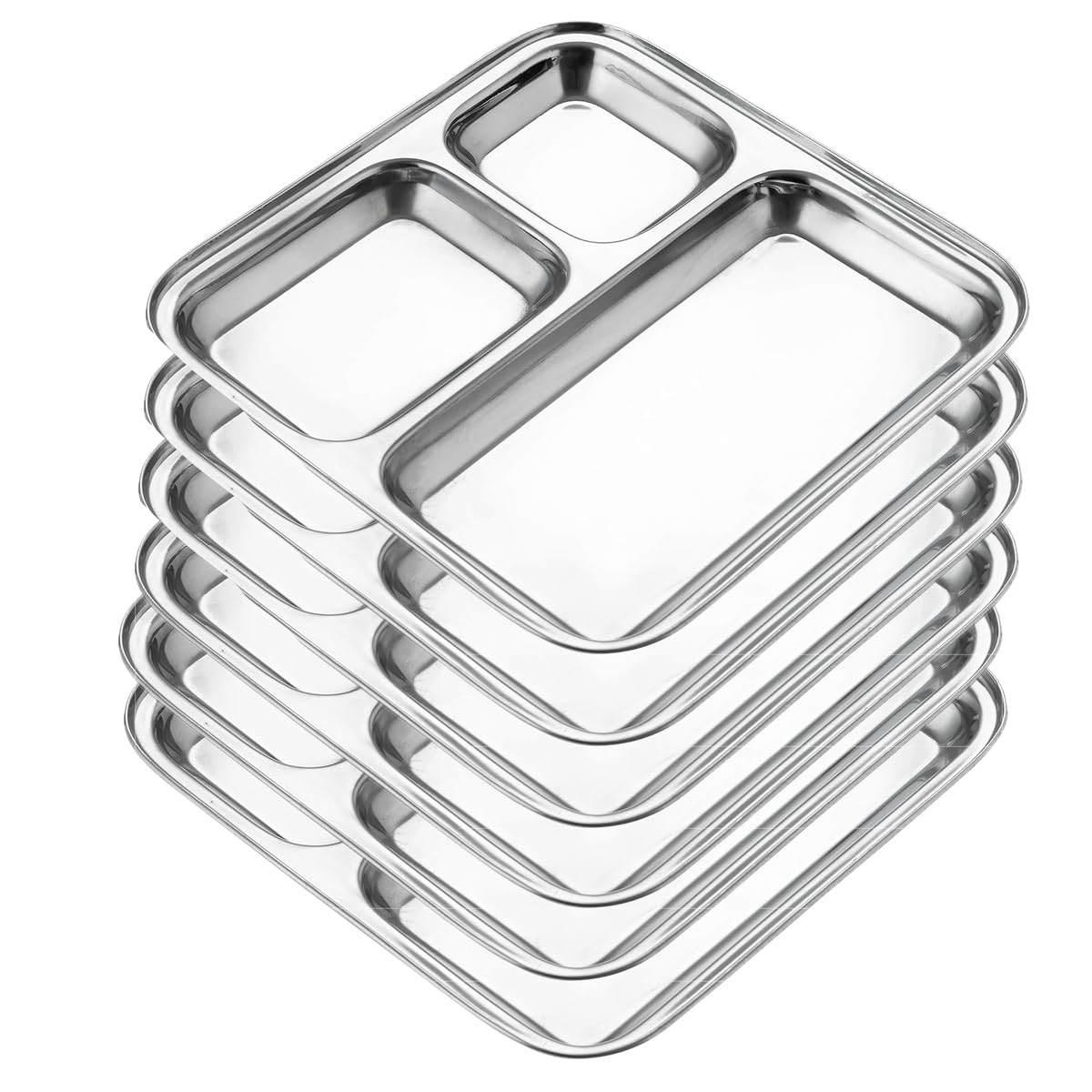 Pack of 6 Stainless Steel Dinner Plates with Compartment for Kids, Divided/Partition Plates, Lunch Dinner Breakfast Tiffin Plate (Small 3-in-1 Dinner Plates - Pack of 6 - Square)
