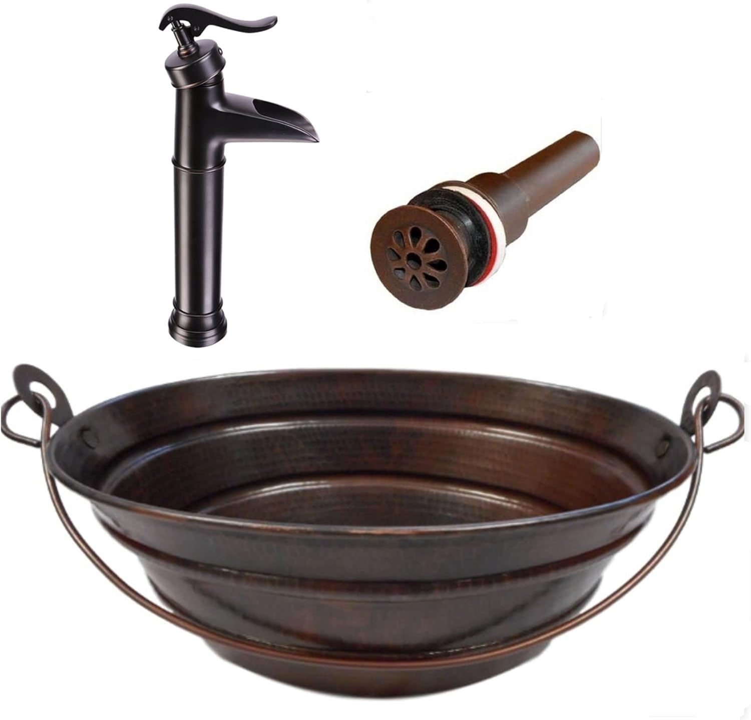 Simply Copper 16" Oval Copper BUCKET Vessel Sink with 13" ORB Faucet and Daisy Drain