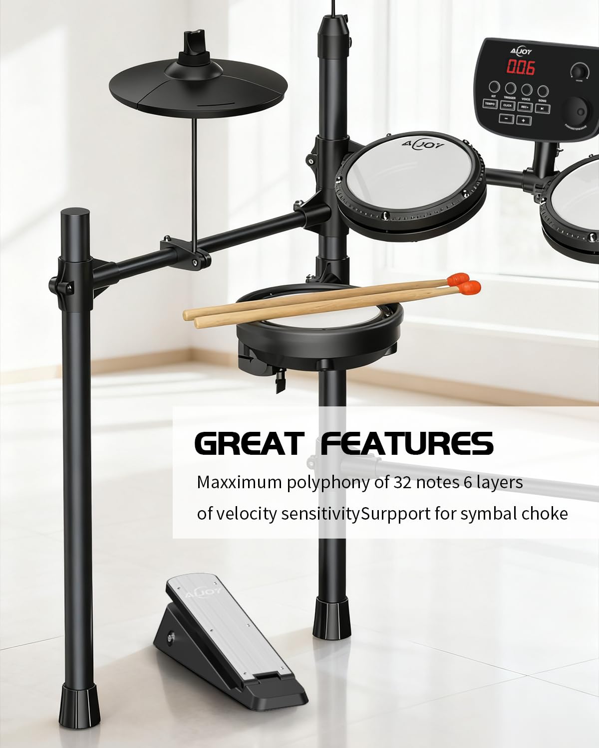 AiJoy Elektronisches Schlagzeug-Set für Erwachsene & Anfänger | Leise Mesh Pads mit 5 Drums & 3 Becken, Dual-Zone Snare, USB MIDI, Soundmodul, inklusive Drum Throne, Kopfhörer, Sticks