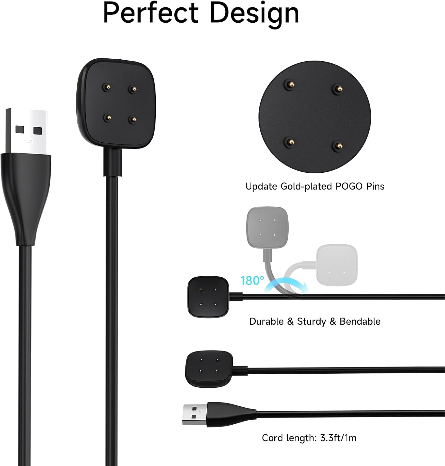 Fitbit Charger for Sense & Sense 2 Versa 4 Versa 3, Replacement USB Magnetic Charging Cradle Dock Stand Cable for Smartwatch, Durable Portable Charger Dock Cable Cord, 3.3 Ft (2 Pack)