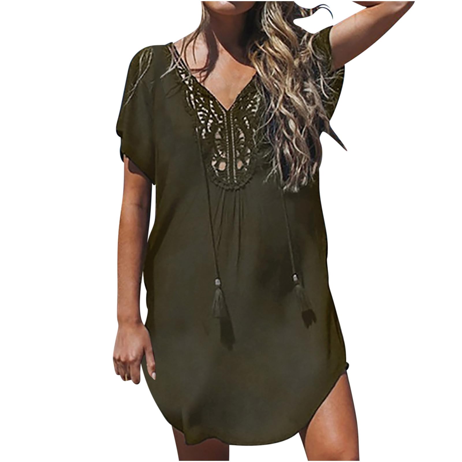 Generic Pareos para mujer, ropa de playa, traje de baño, salida de baño de encaje de ganchillo, cuello en V, vestido de playa para traje de baño