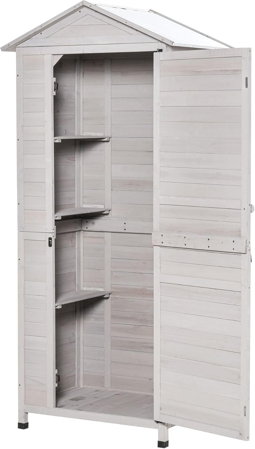 Garden Storage Shed 4-Tier Wooden Light Gray Accent Tin Roof Lockable Magnetic Latch Enhanced Stability Durable Longevity Protection