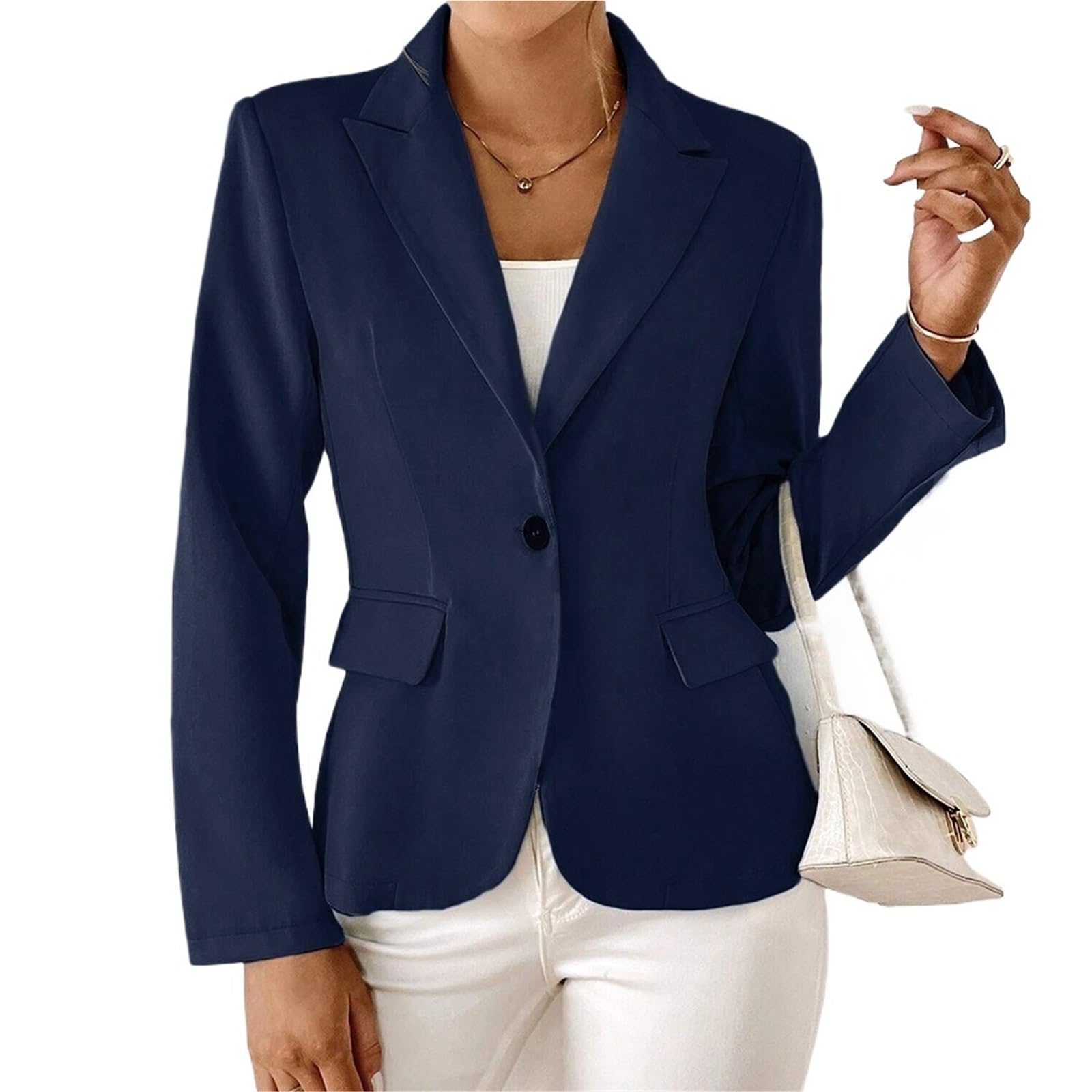 Blazer Donna Elegante Blazer da Donna for Tutte Le Stagioni, semplici, con Un Bottone, a Maniche Lunghe, con Risvolto, da Lavoro(Deep Blue,XS)