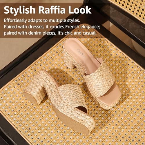 Image of Yavero Espadrille Platform Sandals For Women Raffia Chunky Heels Open Toe Bohemia Sandals for Vacation,Beach
