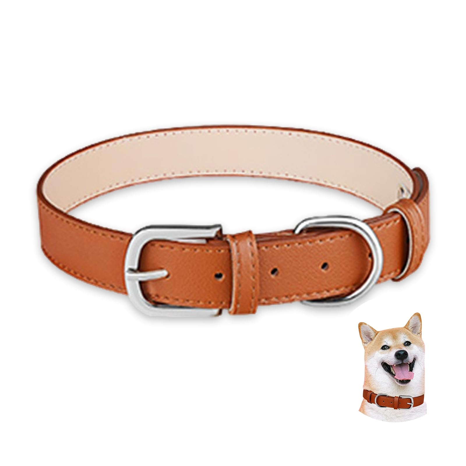 Brown Leather Dog Collar, Adjustable Padded, Fits Small, Medium and Large Dogs, Quick Release Metal Buckle (Medium, Brown)