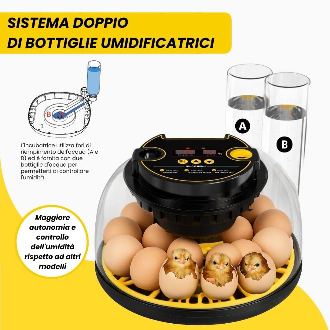 INCUBATRICE AUTOMATICA per Tutti i Tipi di Volatili |12-16 uova|controllo di temperatura, umidità e girauova|include calendario,mangiatoia,abbeveratoio e guida|senza batteria,alimentazione di rete 35W