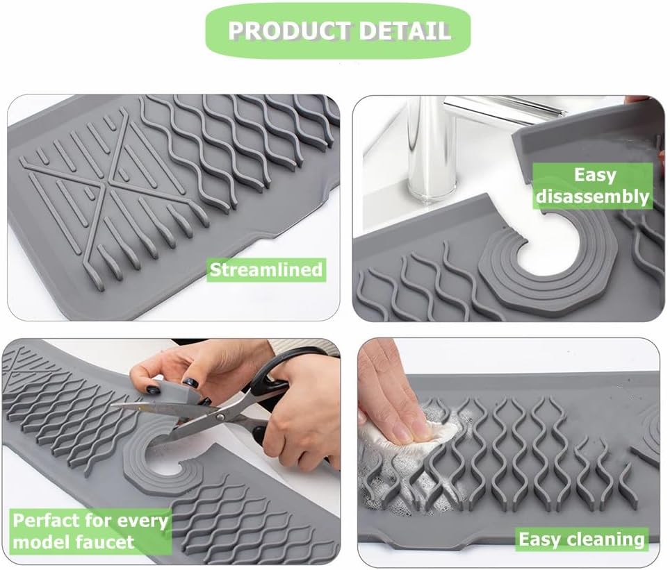 Sink Splash Guard, 2Pack Thickened Silicone Draining Mat for Kitchen Sink, Upgraded 14.5″+ 18″Faucet Mat, Bathroom Sink Mat, Soap Tray, Faucet Handle Drip Catcher Tray, Sink Sponge Holder